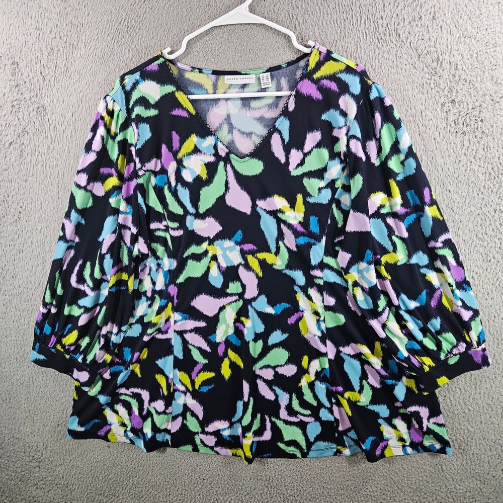 Susan Graver Liquid Knit V-Neck Abstract Print 3/4 Sleeve Top Black Multi 2X